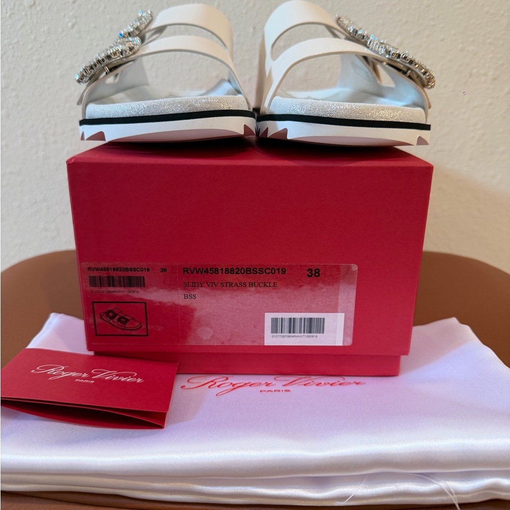 Roger Vivier White Crystal Buckle Slide Sandals